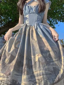 Robe Lolita classique en mousseline de soie volants sans manches imprimé floral bleu classique