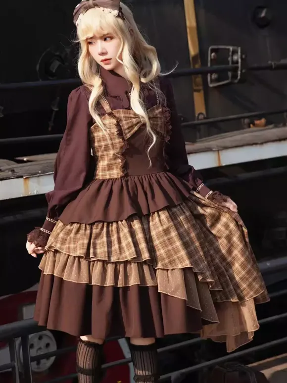 Robe Lolita classique en polyester et dentelle sans manches marron clair
