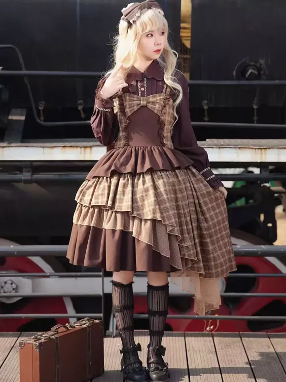 Robe Lolita classique en polyester et dentelle sans manches marron clair