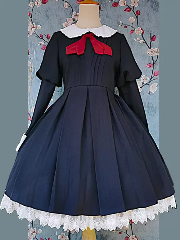 Robe Lolita classique en polyester nouée à manches longues noire classique