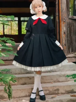 Robe Lolita classique en polyester nouée à manches longues noire classique