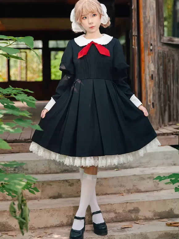 Robe Lolita classique en polyester nouée à manches longues noire classique