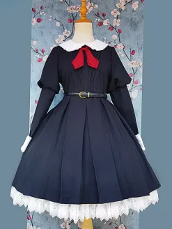 Robe Lolita classique en polyester nouée à manches longues noire classique