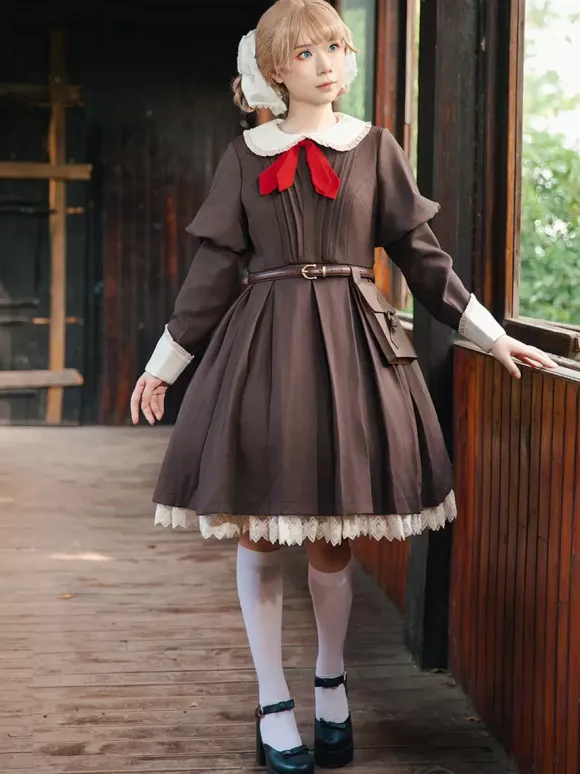 Robe Lolita classique en polyester nouée à manches longues noire classique