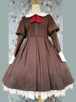 Robe Lolita classique en polyester nouée à manches longues noire classique