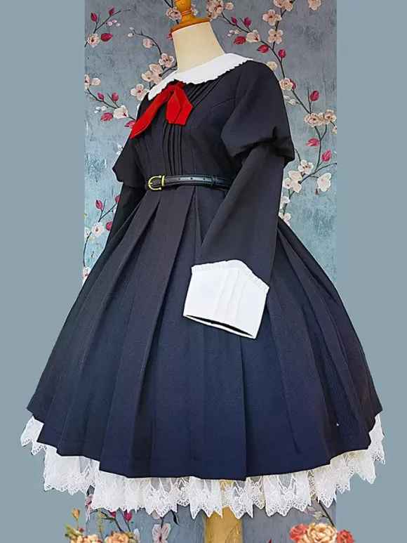 Robe Lolita classique en polyester nouée à manches longues noire classique