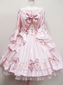 Robe Lolita classique OP Alice Black Hime manches longues en dentelle à volants Bow Button Lolita Robe une pièce avec des fleurs rouges Déguisements