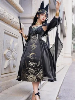 Robe Lolita Classique Polyester Manches Longues Robes Lolita Noir Or