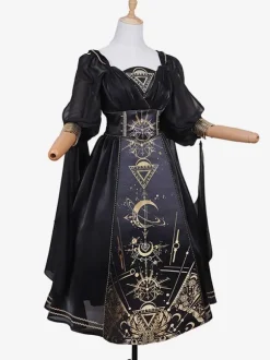 Robe Lolita Classique Polyester Manches Longues Robes Lolita Noir Or