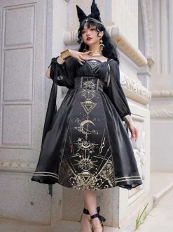 Robe Lolita Classique Polyester Manches Longues Robes Lolita Noir Or