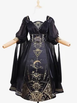 Robe Lolita Classique Polyester Manches Longues Robes Lolita Noir Or