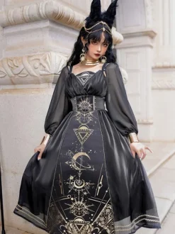 Robe Lolita Classique Polyester Manches Longues Robes Lolita Noir Or
