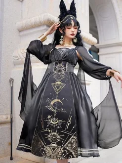 Robe Lolita Classique Polyester Manches Longues Robes Lolita Noir Or