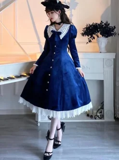 Robe Lolita Classique Velours Manches Courtes Bloc de Couleur Robes Lolita Classique Bleu Foncé