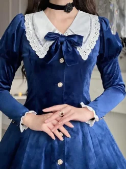 Robe Lolita Classique Velours Manches Courtes Bloc de Couleur Robes Lolita Classique Bleu Foncé