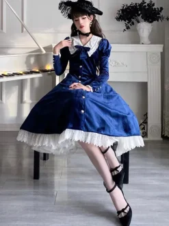 Robe Lolita Classique Velours Manches Courtes Bloc de Couleur Robes Lolita Classique Bleu Foncé