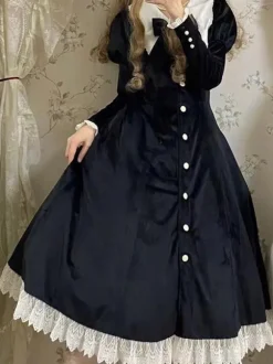 Robe Lolita Classique Velours Manches Courtes Bloc de Couleur Robes Lolita Classique Bleu Foncé
