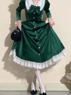 Robe Lolita Classique Velours Manches Courtes Bloc de Couleur Robes Lolita Classique Bleu Foncé