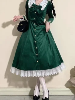 Robe Lolita Classique Velours Manches Courtes Bloc de Couleur Robes Lolita Classique Bleu Foncé