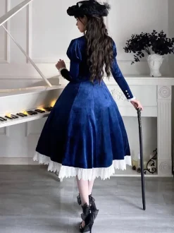 Robe Lolita Classique Velours Manches Courtes Bloc de Couleur Robes Lolita Classique Bleu Foncé