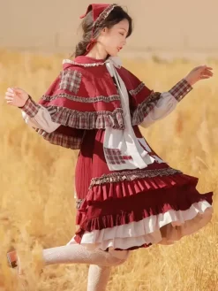 Robe Lolita classique à volants et manches longues à carreaux Robe Lolita classique bordeaux
