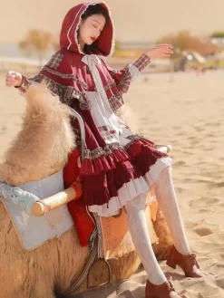 Robe Lolita classique à volants et manches longues à carreaux Robe Lolita classique bordeaux