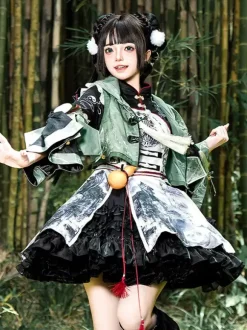 Robe Lolita de style chinois à 艙illets et manches longues en tissu satiné Style chinois Panda Noir Lolita de style chinois