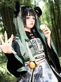 Robe Lolita de style chinois à 艙illets et manches longues en tissu satiné Style chinois Panda Noir Lolita de style chinois
