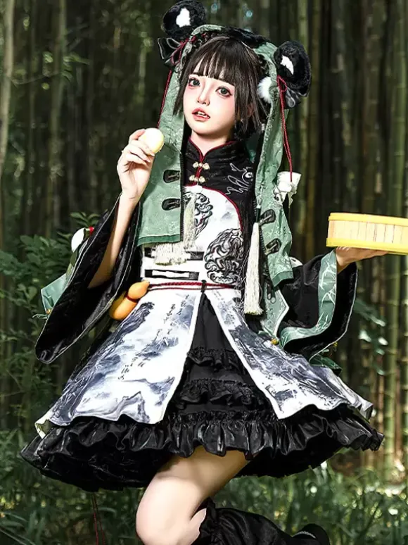 Robe Lolita de style chinois à 艙illets et manches longues en tissu satiné Style chinois Panda Noir Lolita de style chinois