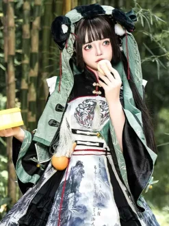 Robe Lolita de style chinois à 艙illets et manches longues en tissu satiné Style chinois Panda Noir Lolita de style chinois