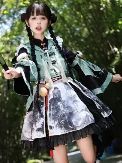Robe Lolita de style chinois à 艙illets et manches longues en tissu satiné Style chinois Panda Noir Lolita de style chinois