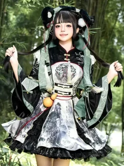 Robe Lolita de style chinois à 艙illets et manches longues en tissu satiné Style chinois Panda Noir Lolita de style chinois