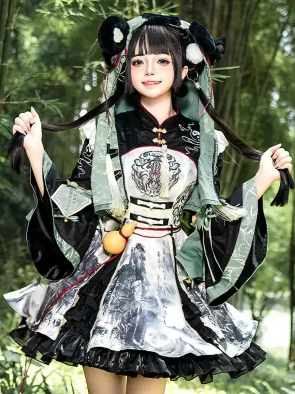 Robe Lolita de style chinois à 艙illets et manches longues en tissu satiné Style chinois Panda Noir Lolita de style chinois