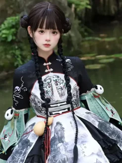 Robe Lolita de style chinois à 艙illets et manches longues en tissu satiné Style chinois Panda Noir Lolita de style chinois