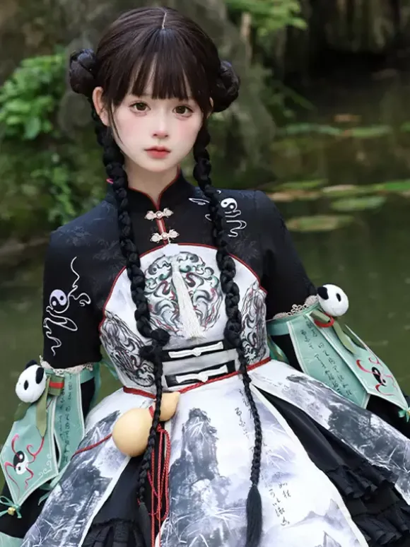 Robe Lolita de style chinois à 艙illets et manches longues en tissu satiné Style chinois Panda Noir Lolita de style chinois