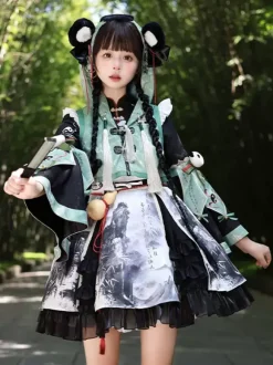 Robe Lolita de style chinois à 艙illets et manches longues en tissu satiné Style chinois Panda Noir Lolita de style chinois