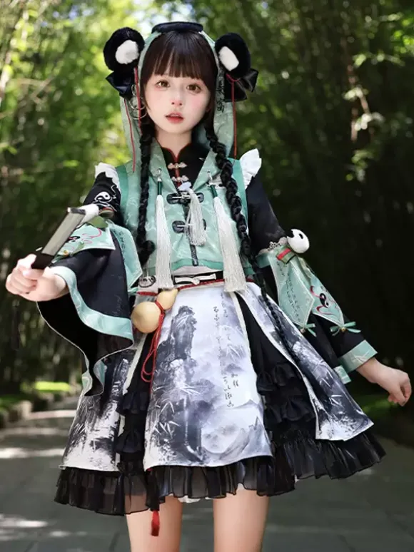 Robe Lolita de style chinois à 艙illets et manches longues en tissu satiné Style chinois Panda Noir Lolita de style chinois