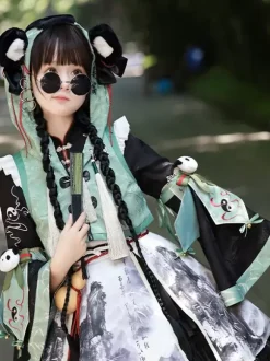 Robe Lolita de style chinois à 艙illets et manches longues en tissu satiné Style chinois Panda Noir Lolita de style chinois