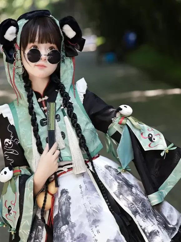Robe Lolita de style chinois à 艙illets et manches longues en tissu satiné Style chinois Panda Noir Lolita de style chinois