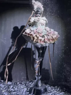 Robe Lolita douce avec n艙ud en ruban style ballet oreilles de lapin robe gâteau robe courte à volants rose-vert
