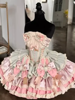 Robe Lolita douce avec n艙ud en ruban style ballet oreilles de lapin robe gâteau robe courte à volants rose-vert
