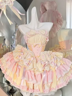 Robe Lolita douce avec n艙ud en ruban style ballet oreilles de lapin robe gâteau robe courte à volants rose-vert