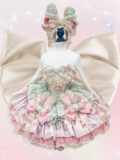 Robe Lolita douce avec n艙ud en ruban style ballet oreilles de lapin robe gâteau robe courte à volants rose-vert