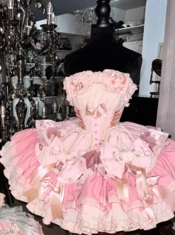 Robe Lolita douce avec n艙ud en ruban style ballet oreilles de lapin robe gâteau robe courte à volants rose-vert