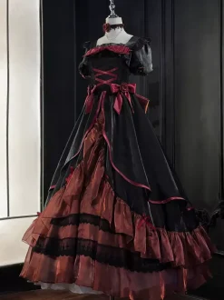 Robe Lolita douce en maille de soie à manches courtes robe à volants superposés style thé robe longue