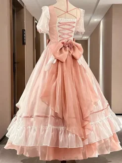 Robe Lolita douce en maille de soie à manches courtes robe à volants superposés style thé robe longue