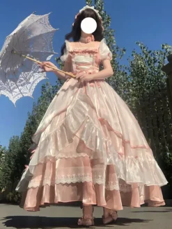 Robe Lolita douce en maille de soie à manches courtes robe à volants superposés style thé robe longue