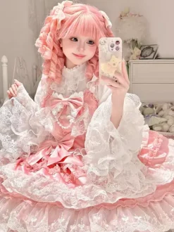 Robe Lolita douce en polyester sans manches volants multicouches n艙ud papillon tenue de soirée Hime Lolita JSK
