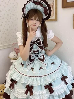 Robe Lolita douce en polyester sans manches avec n艙uds et chapeau rose