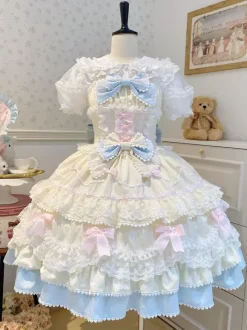 Robe Lolita douce en polyester sans manches avec n艙uds et chapeau rose